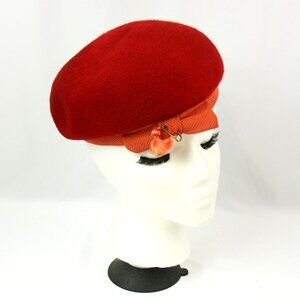 Vintage Mr John Wool Felt Beret Beanie Hat Cap w Bow 1960s Red MCM